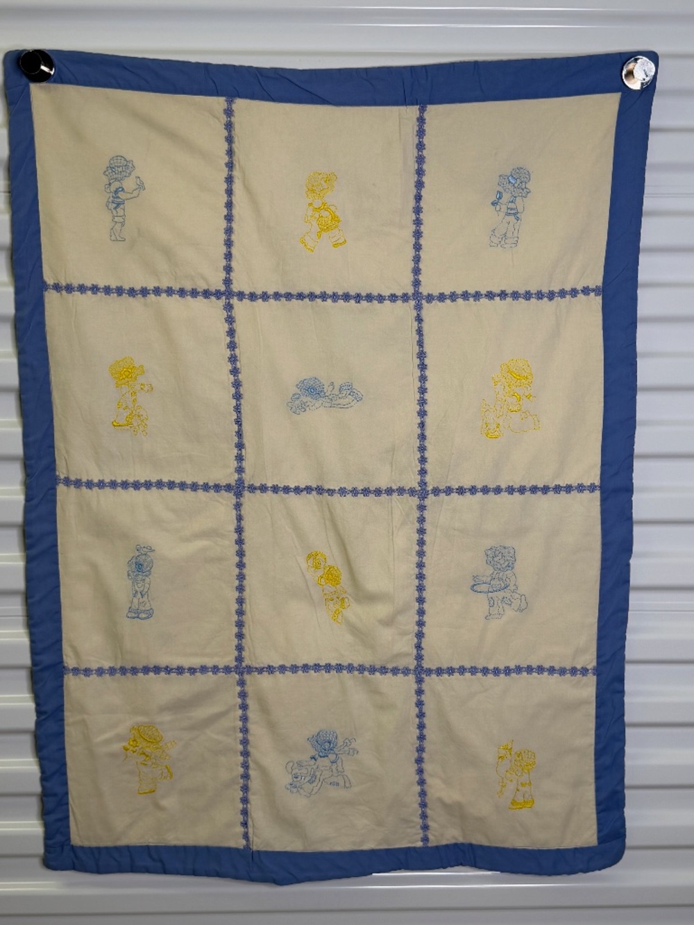 Handmade Vintage Baby Quilt Holly Hobby Vibe Hand Embroidered 28x39 Blanket